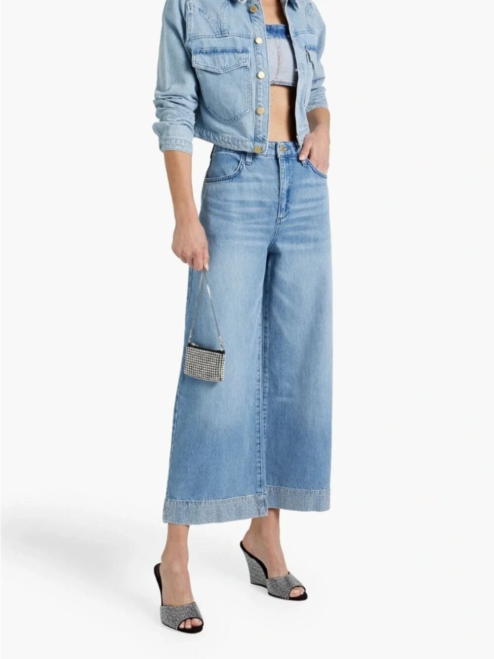 Triarchy Crystal-Embellished High-Rise Wide-Leg Jeans Ankle Kick Flare Blue 31